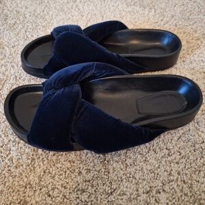 Chloe Nolan Crisscross Twisted Velvet Slides Flat mule Sandals Blue Lagoon
